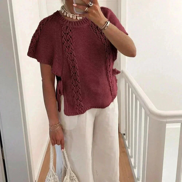 Burgundy Casual Women's Side Tie Round Neck Cap Sleeve Sweater - Picture 6 of 7